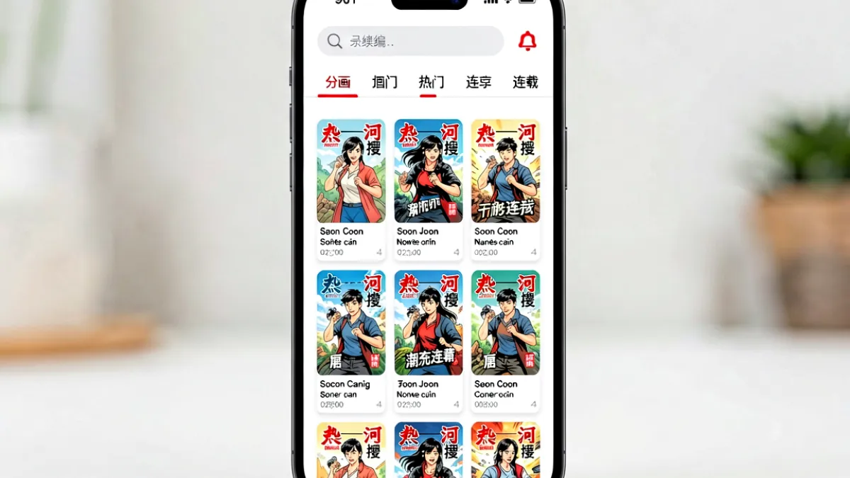 91漫画手机App首页界面展示，屏幕中央呈现热门连载漫画封面列表，顶部有搜索栏和分类导航入口，整体采用简洁的卡片式布局