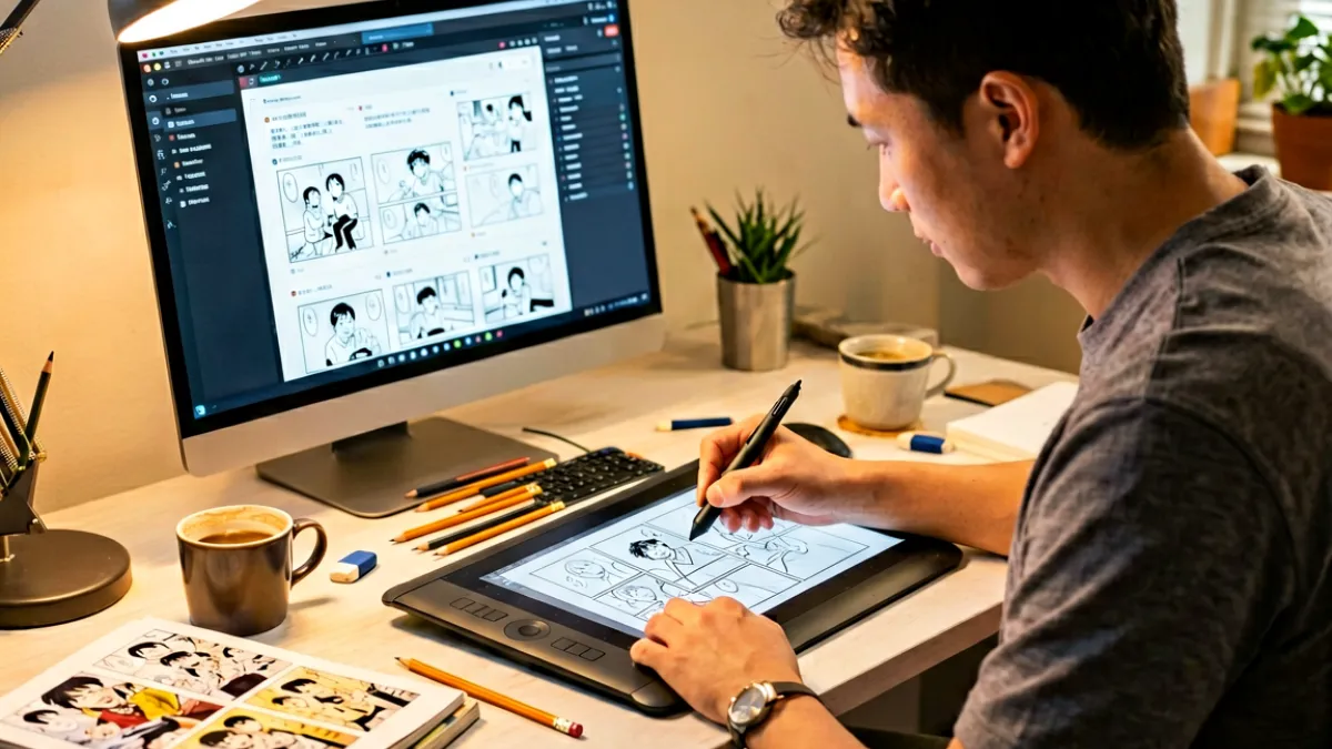 漫画创作者在数位板上绘制分镜草图，旁边摆放着参考素材和一杯咖啡，屏幕上显示91漫画后台投稿界面
