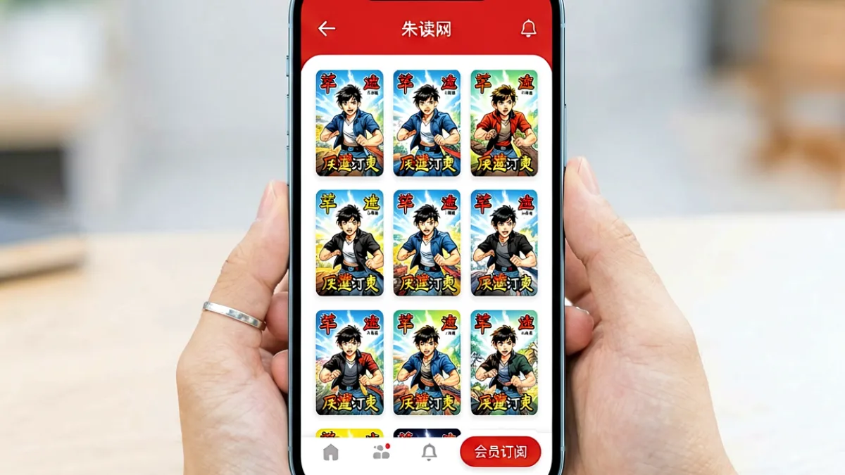 91 漫画移动端阅读界面展示，红色主题风格，屏幕上呈现多部热门连载漫画封面缩略图列表，旁边有会员订阅按钮提示