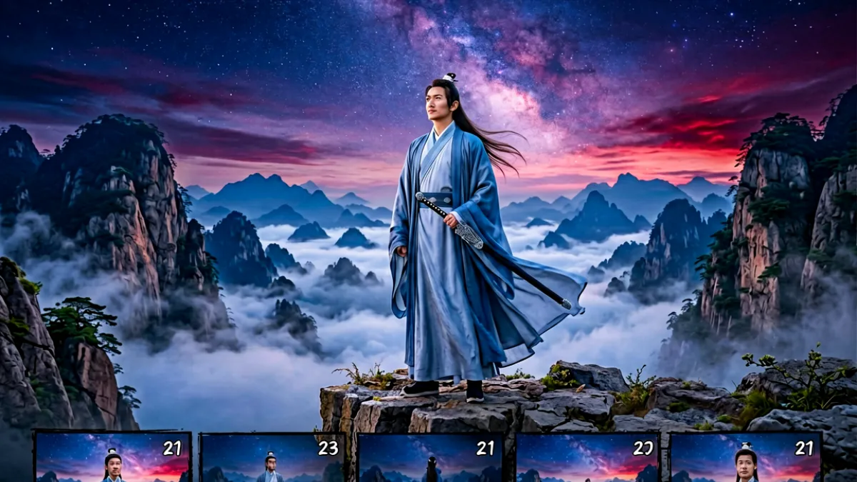 一部热门玄幻漫画的页面截图，画面中主角站在山巅，背景是云雾缭绕的仙山和璀璨的星空